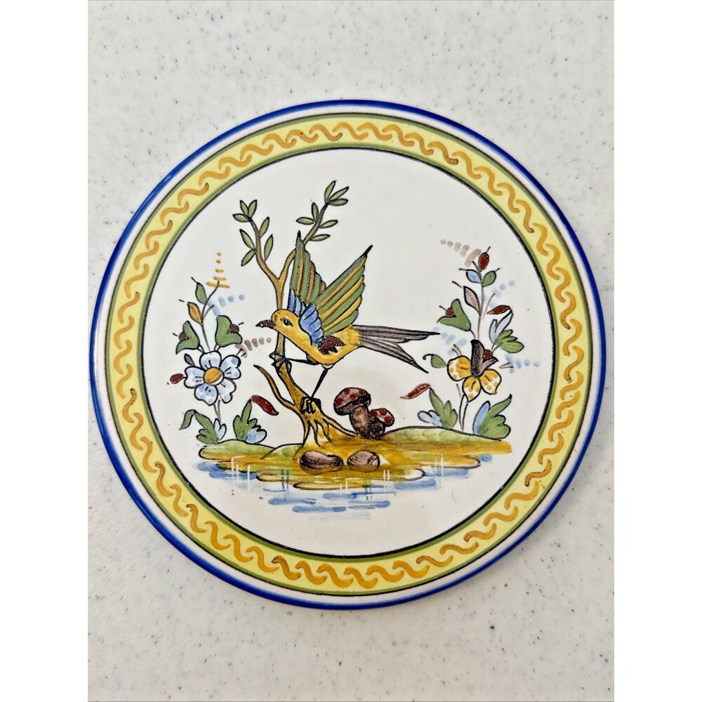 Talavera Trivet Hot Plate Hand Painted Mexico Gorgeous! 6.5" Round BIRD YELLOW